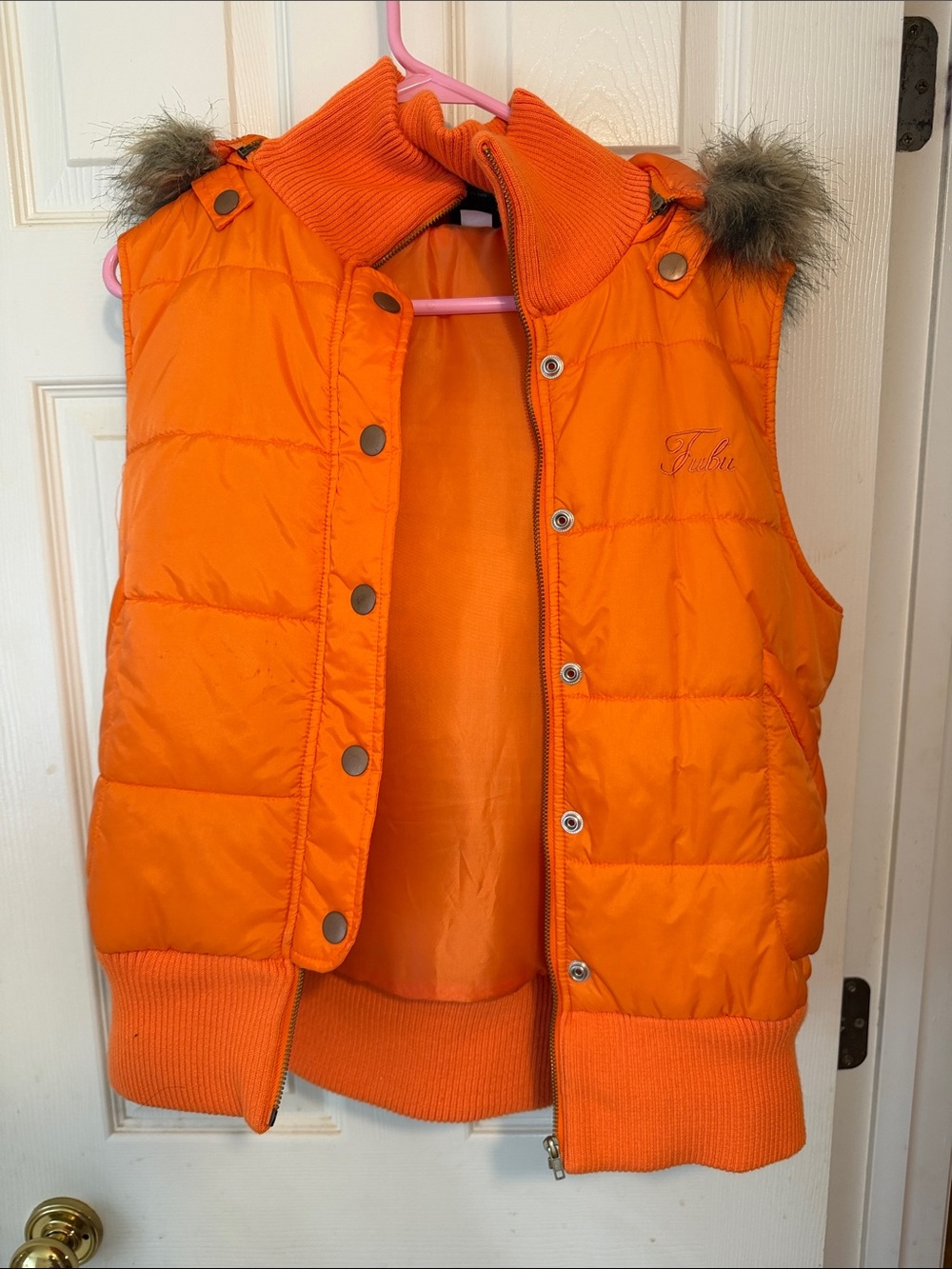 FUBU Bright Orange Quilted Puffer Vest with Faux Fur Trim